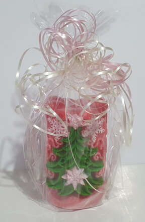 Vianočná sviečka s ornamentmi a stromčekom červená