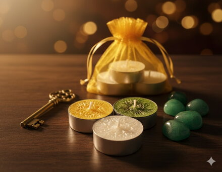 Sada 3 rituálních svíček: Zlatý klíč k hojnosti