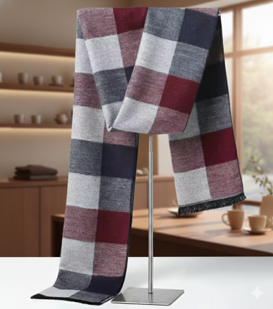 Pánská kašmírová šála s viskózou – Kostka červeno-šedá