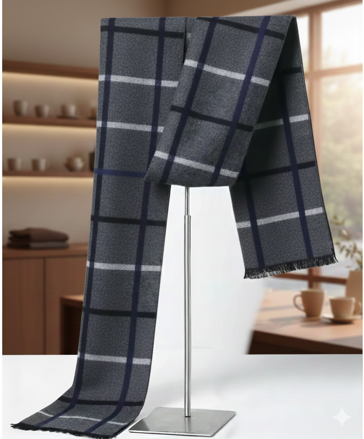 Pánská kašmírová šála s viskózou – Kostka modro-šedá