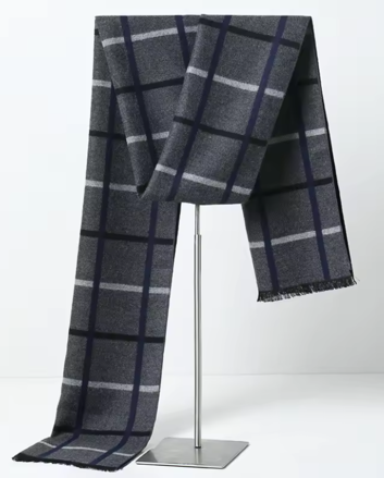 Pánská kašmírová šála s viskózou – Kostka modro-šedá