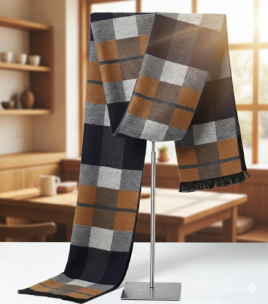 Pánská kašmírová šála s viskózou – Kostka okrovo-šedá