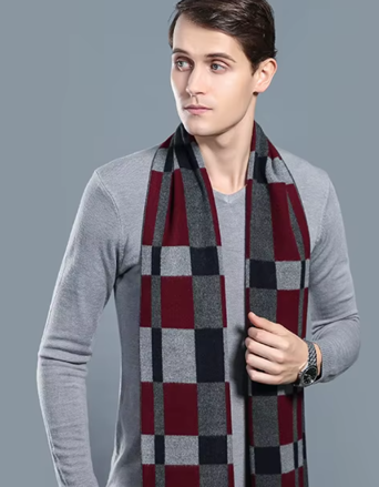 Pánská kašmírová šála s viskózou – Kostka červeno-šedá