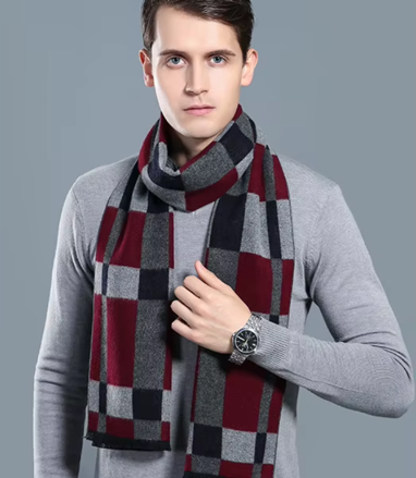 Pánská kašmírová šála s viskózou – Kostka červeno-šedá