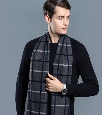 Pánská kašmírová šála s viskózou – Kostka modro-šedá