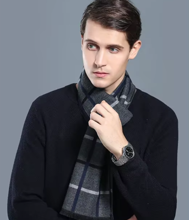 Pánská kašmírová šála s viskózou – Kostka modro-šedá