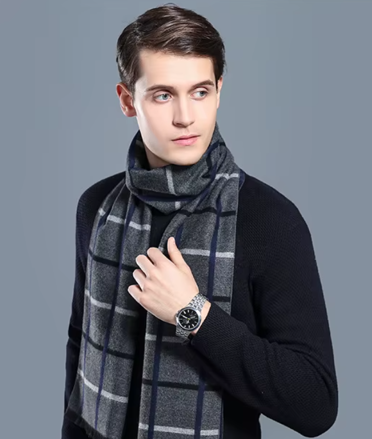 Pánská kašmírová šála s viskózou – Kostka modro-šedá