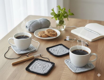 Háčkovaná sada 4 ks podložiek - šedé s čiernym