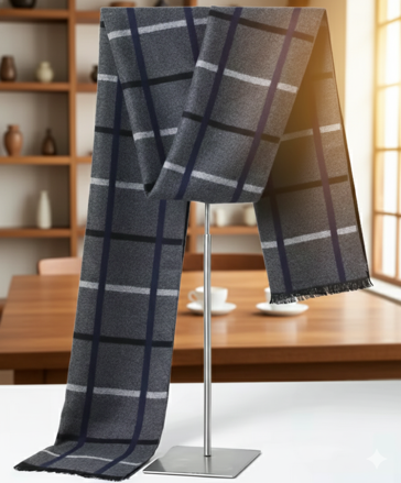 Pánská kašmírová šála s viskózou – Kostka modro-šedá