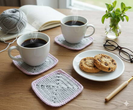 Háčkovaná sada 4 ks podložek - šedé se světle fialovým