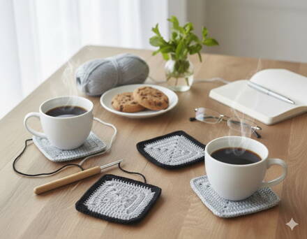 Háčkovaná sada 4 ks podložek - šedé s černým