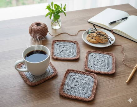 Háčkovaná sada 4 ks podložek - šedé s hnědou