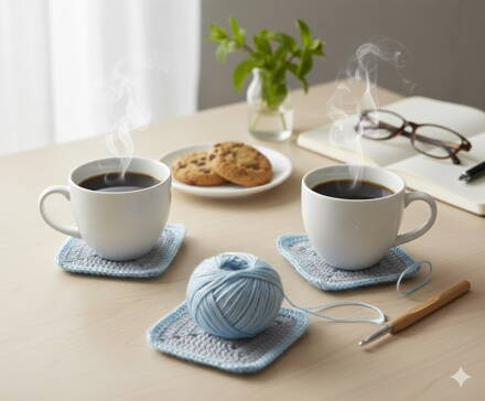 Háčkovaná sada 4 ks podložek - šedé s modrým