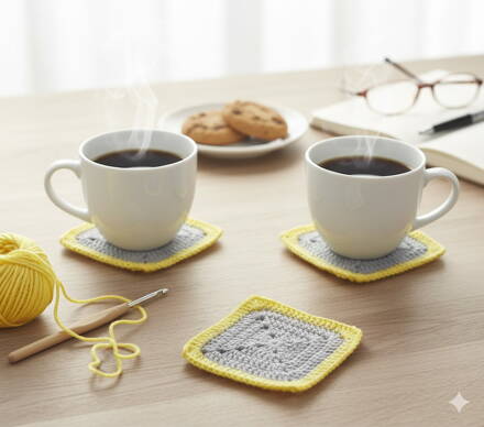 Háčkovaná sada 4 ks podložek - šedé se žlutým